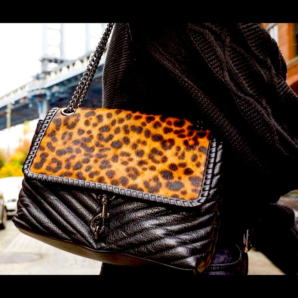 Edie Whipped Leopard Print Haircalf Flap Leather Shoulder Bag